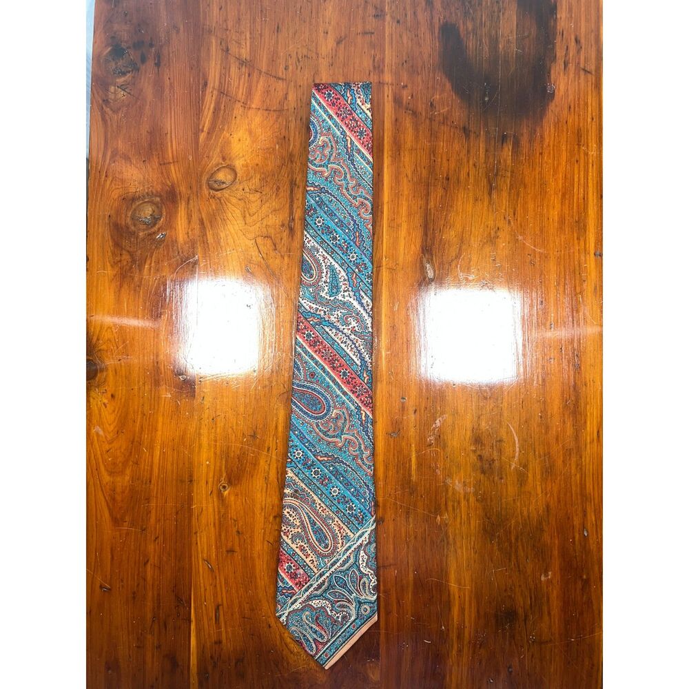 Vintage Liberty of London Men's 100% Silk Paisley Tie Made USA Teal Rust Cream